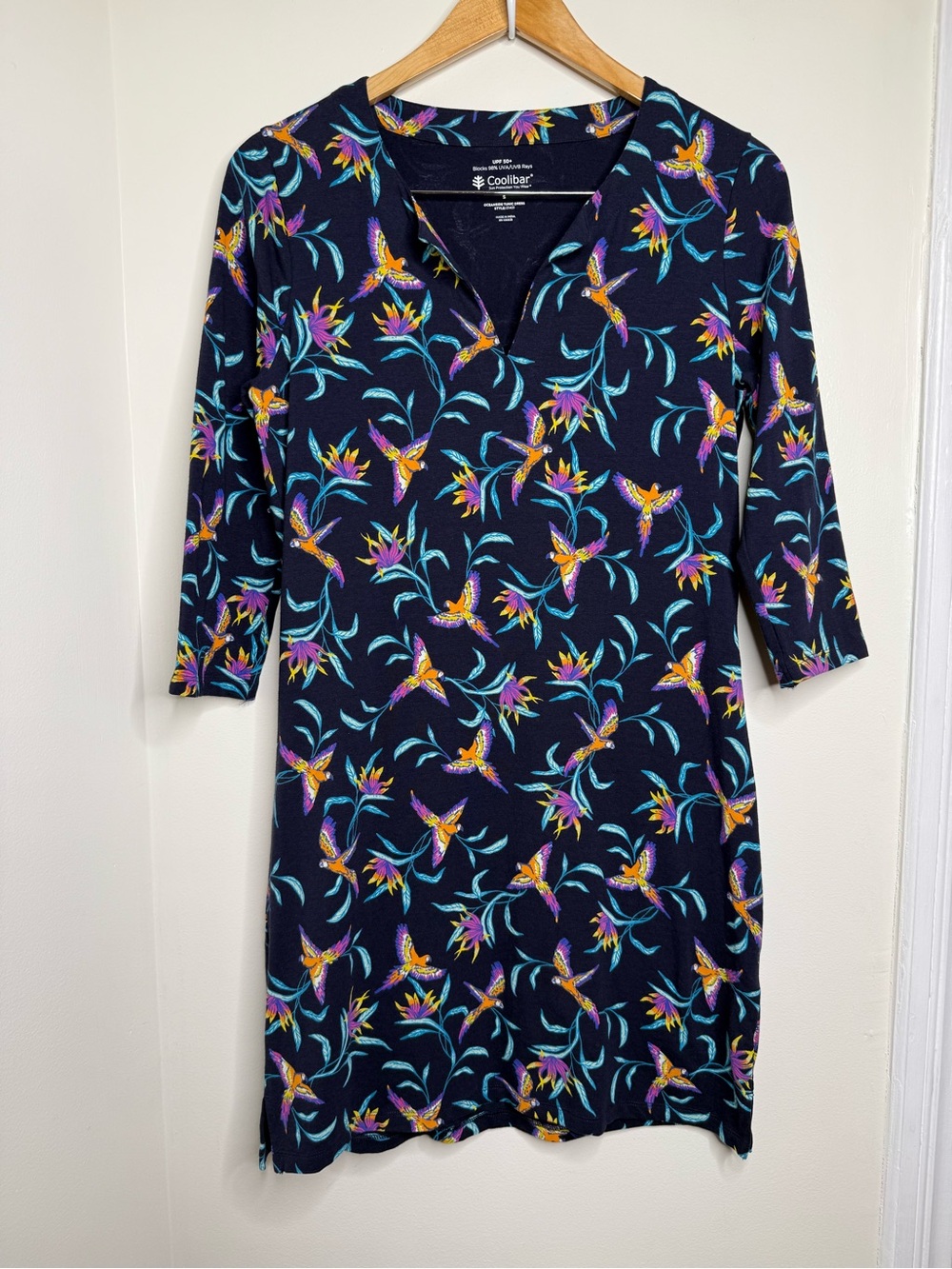 RARE Print Coolibar Oceanside Tunic Dress Woman’s Size Small UPV 50+ Birds Navy
